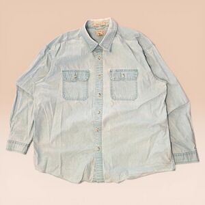VTG L.L. Bean Button Down Workshirt Mens XXL Distressed Green Denim Long Sleeve
